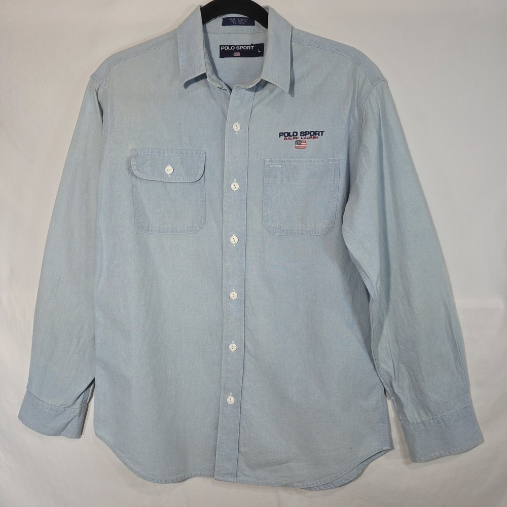 Vintage POLO Sport RALPH LAUREN Shirt Chambray Spell Out USA Flag 90s Blue Large - Picture 2 of 9